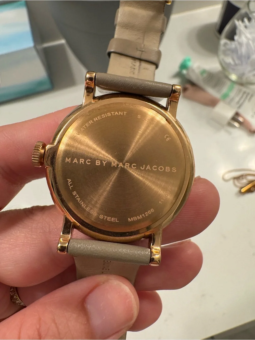 Marc by Marc Jacobs Taupe Leather Strap Watch with Rose Gold Case